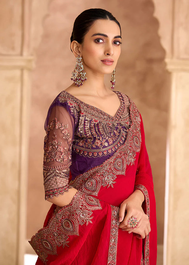 Red and Purple Embroidered Saree