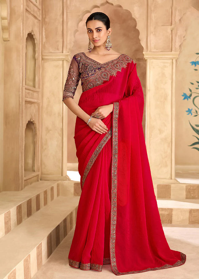 Red and Purple Embroidered Saree