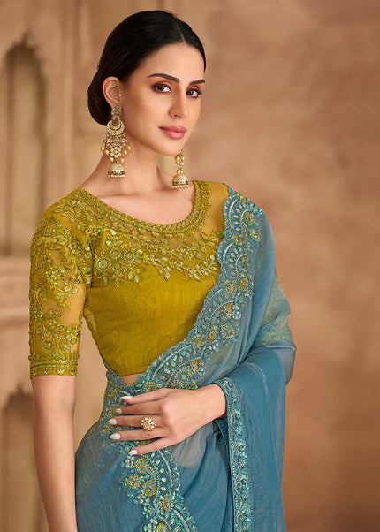 Blue and Mustard Yellow Embroidered Saree
