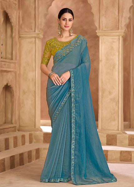 Blue and Mustard Yellow Embroidered Saree