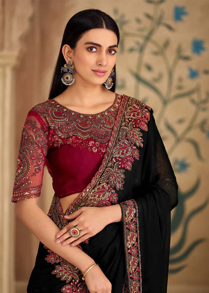 Black and Maroon Embroidered Saree