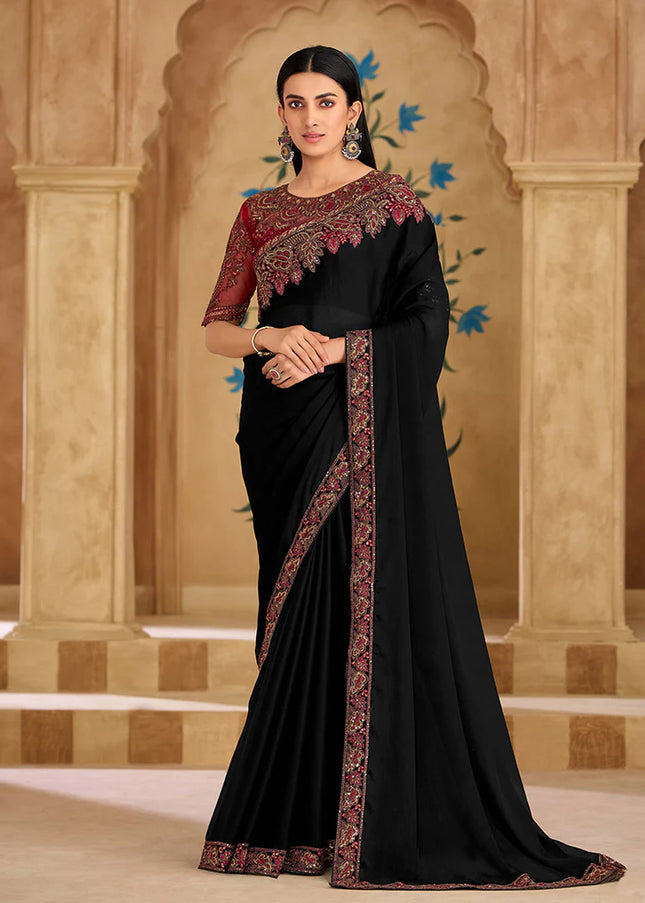 Black and Maroon Embroidered Saree