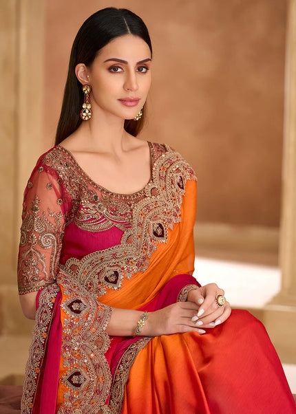 Orange and Red Embroidered Saree
