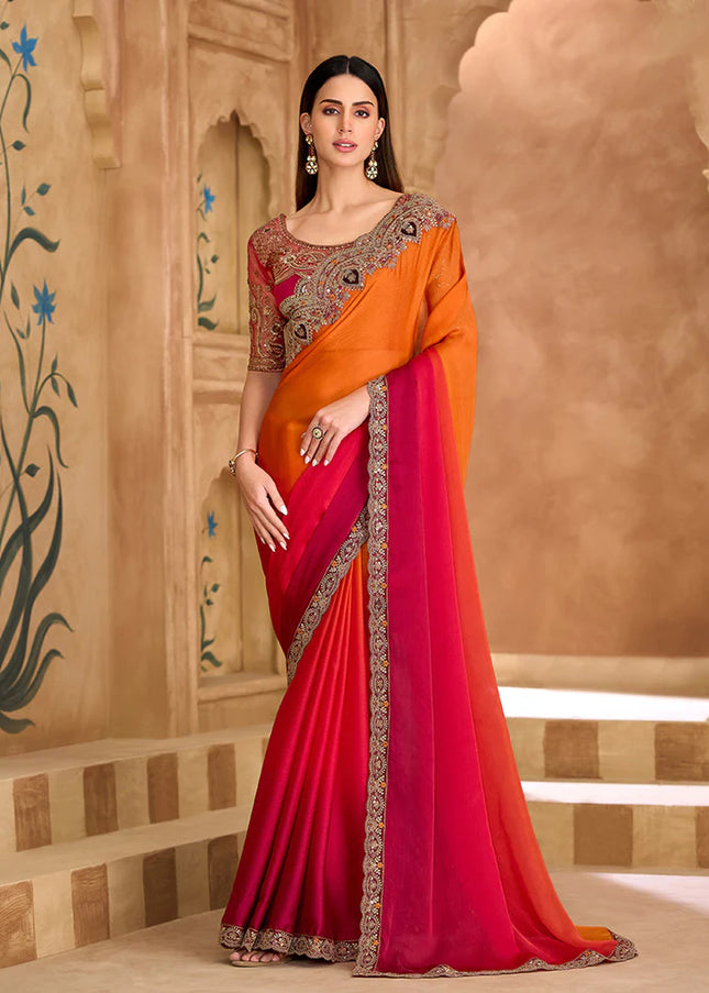 Orange and Red Embroidered Saree