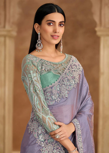 Lavender and Sea Green Embroidered Saree