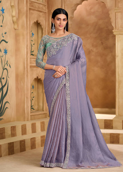 Lavender and Sea Green Embroidered Saree
