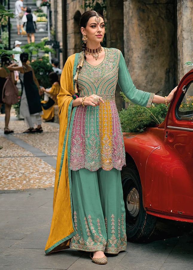 Green Multicolor Embroidered Sharara Suit