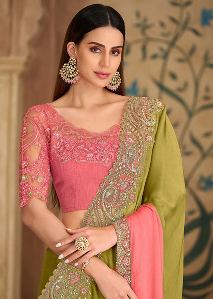 Pink and Green Embroidered Saree