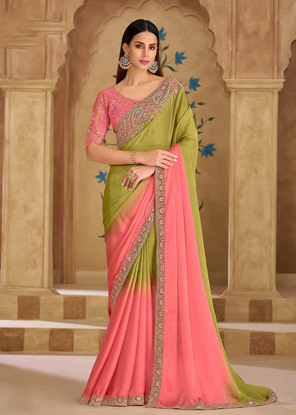 Pink and Green Embroidered Saree