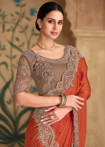 Orange and Beige Embroidered Saree