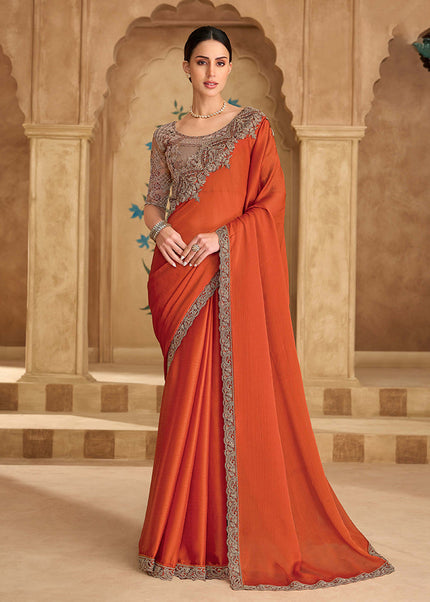 Orange and Beige Embroidered Saree