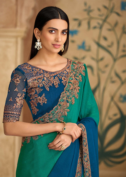 Blue and Sea Green Embroidered Saree