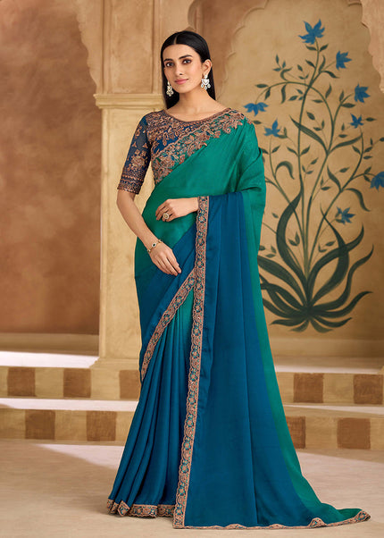 Blue and Sea Green Embroidered Saree
