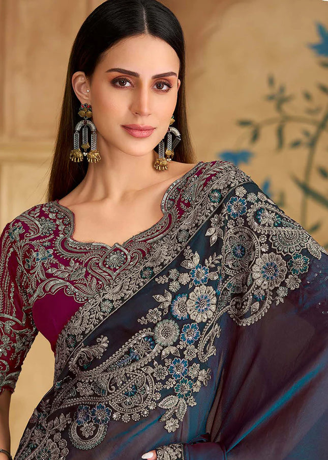 Teal and Maroon Embroidered Saree