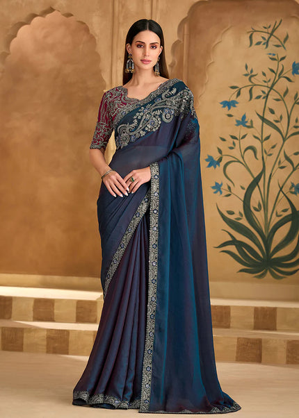 Teal and Maroon Embroidered Saree