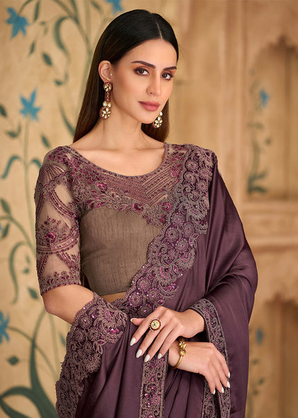 Purple and Beige Embroidered Saree