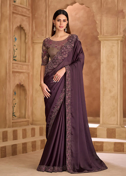 Purple and Beige Embroidered Saree