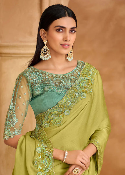 Green and Sky Blue Embroidered Saree