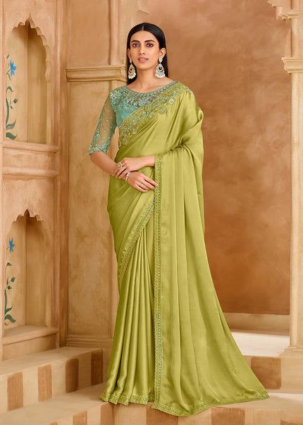 Green and Sky Blue Embroidered Saree