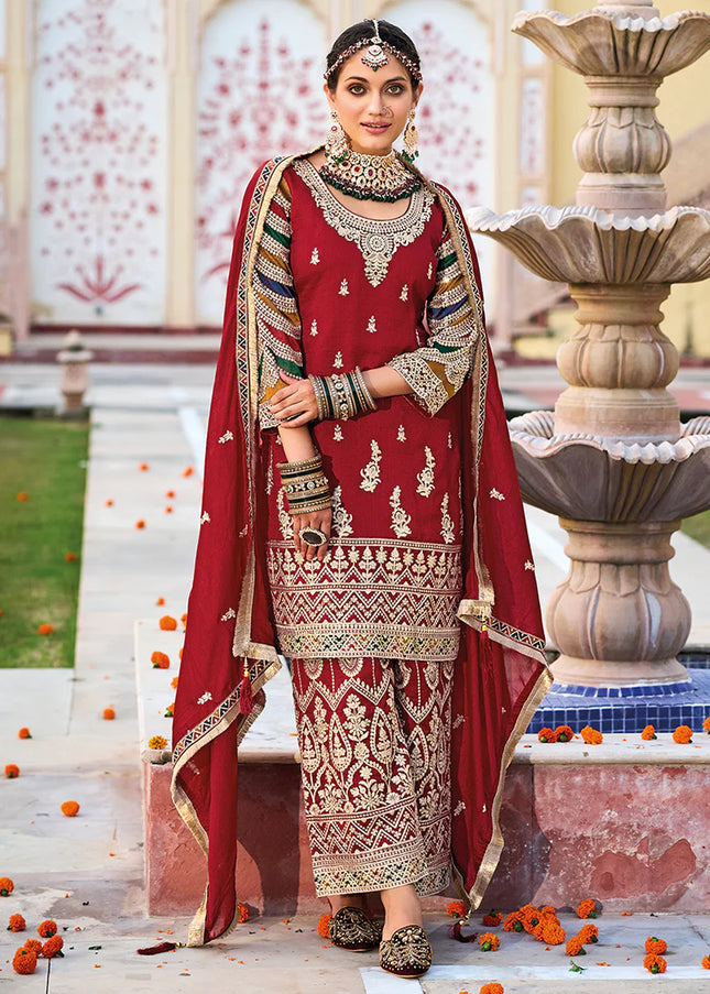 Red Multi Embroidered Pant Style Suit