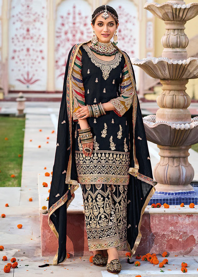 Black Multi Embroidered Pant Style Suit