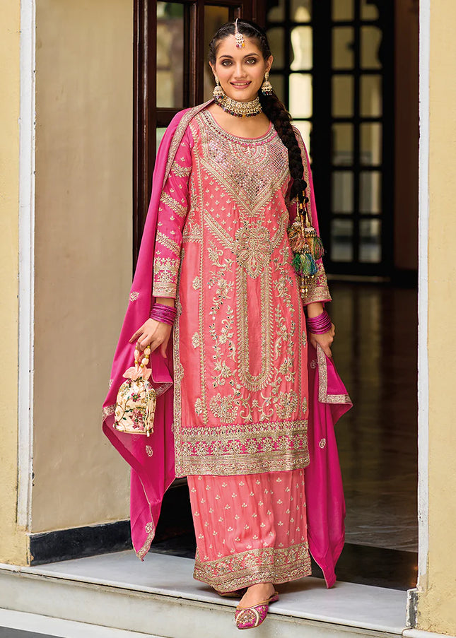 Pink Multi Embroidered Palazzo Suit