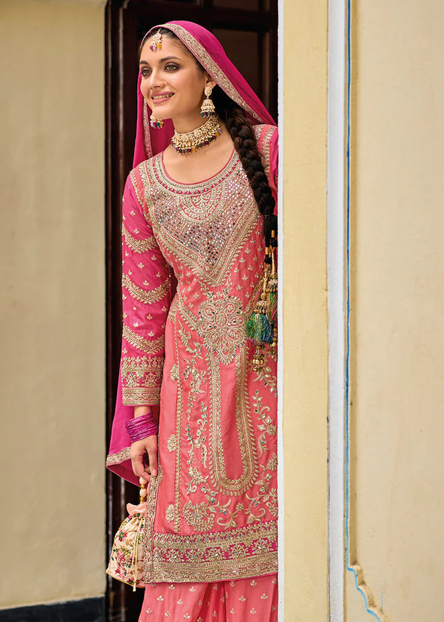 Pink Multi Embroidered Palazzo Suit