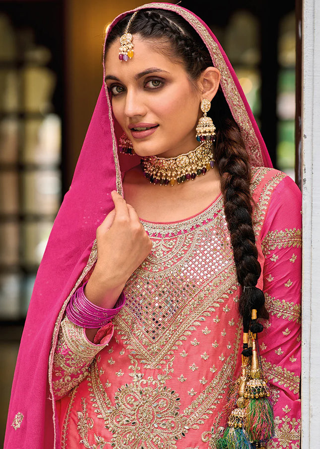 Pink Multi Embroidered Palazzo Suit