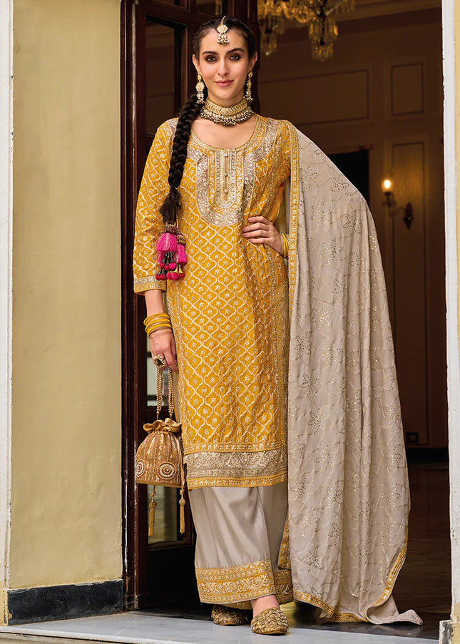 Yellow and Beige Multi Embroidered Palazzo Suit