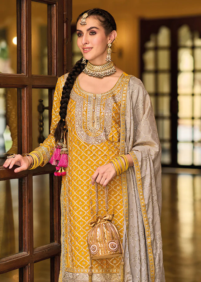 Yellow and Beige Multi Embroidered Palazzo Suit