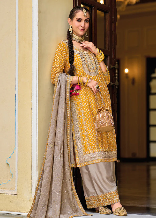 Yellow and Beige Multi Embroidered Palazzo Suit