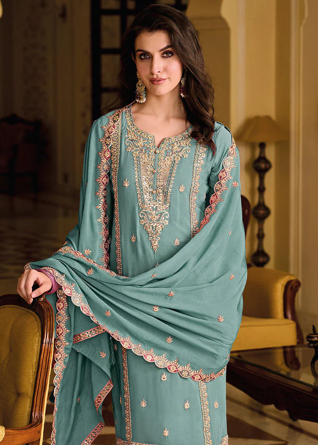 Sky Blue Embroidered Pant Style Suit