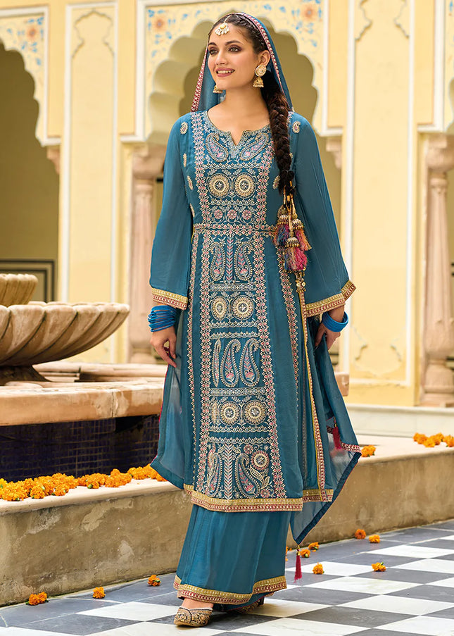 Blue Multi Embroidered Palazzo Suit
