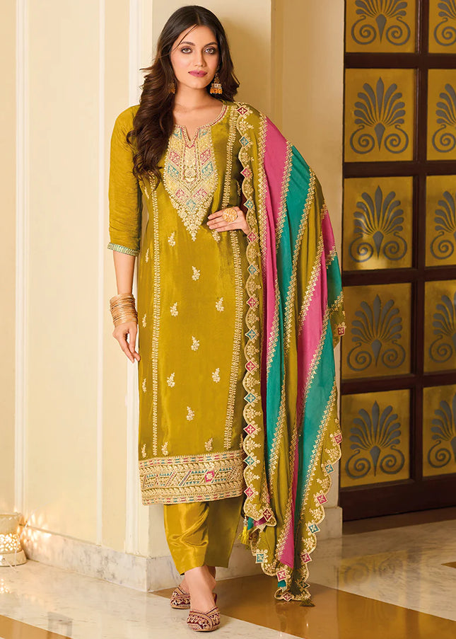 Yellow Multi Embroidered Pant Style Suit