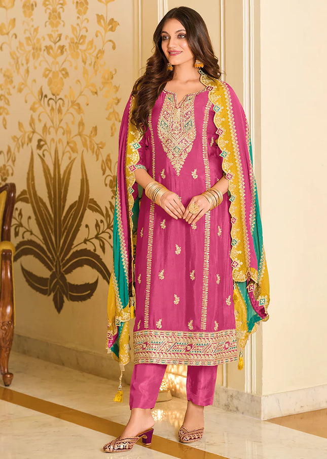 Pink Multi Embroidered Pant Style Suit