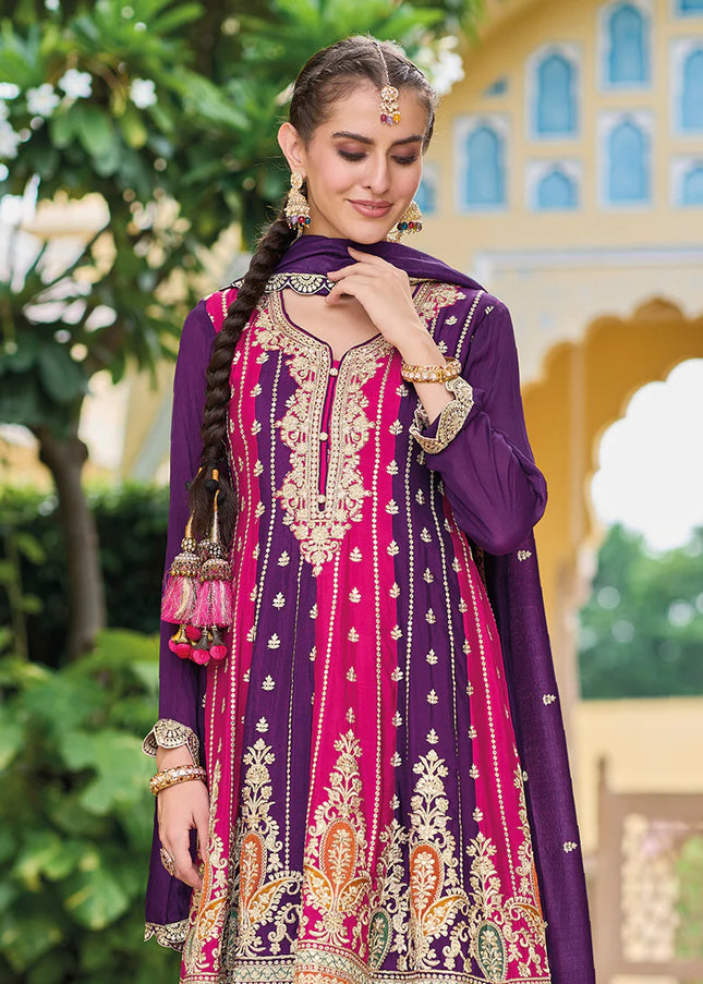 Purple Multicolor Embroidered Pant Style Suit