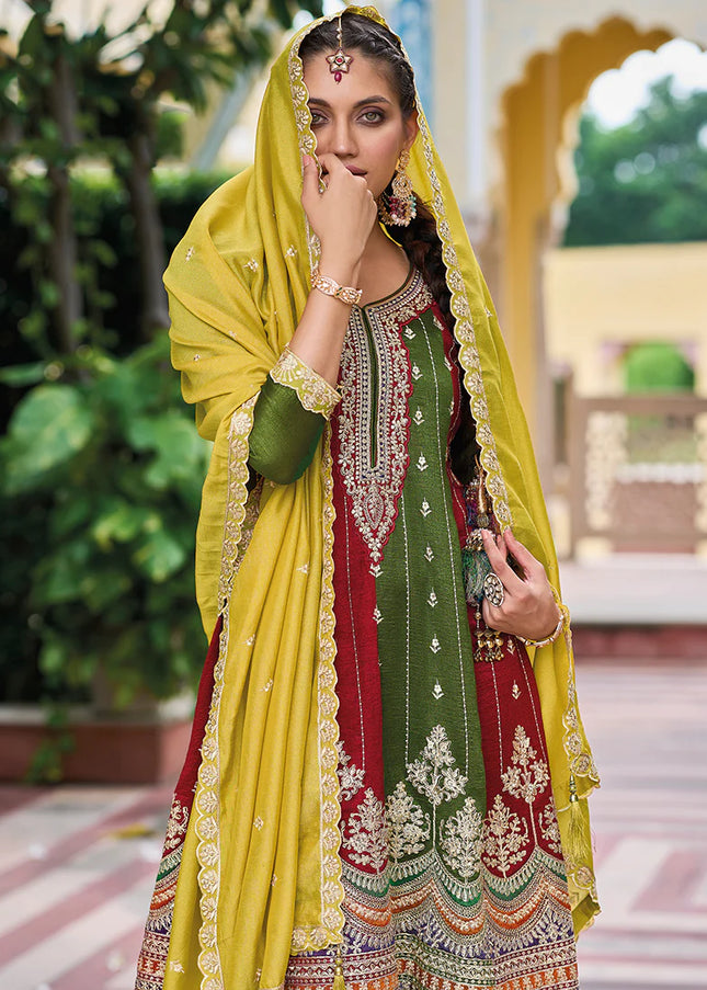 Green Multicolor Embroidered Pant Style Suit