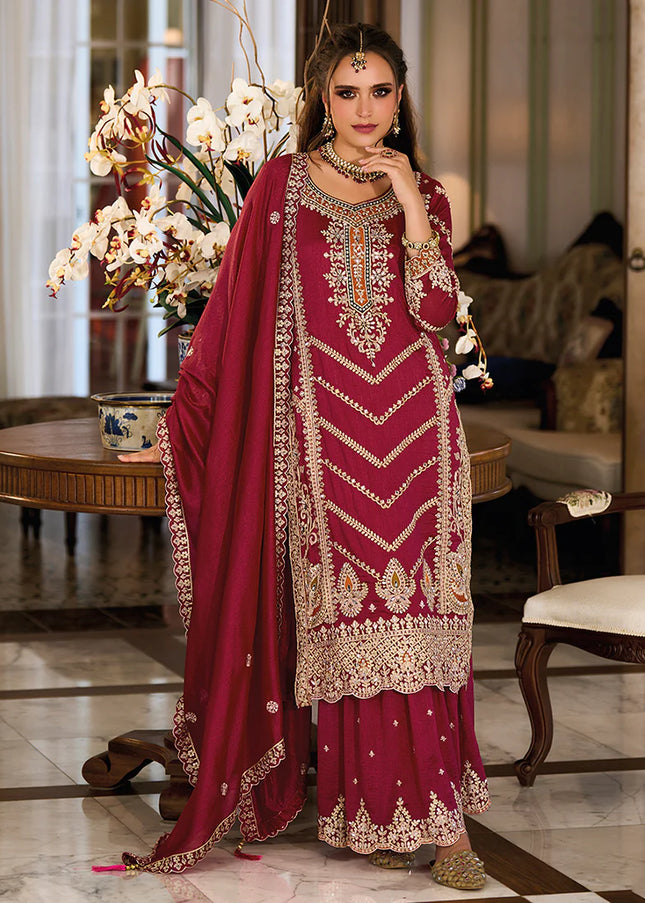 Red Embroidered Sharara Suit