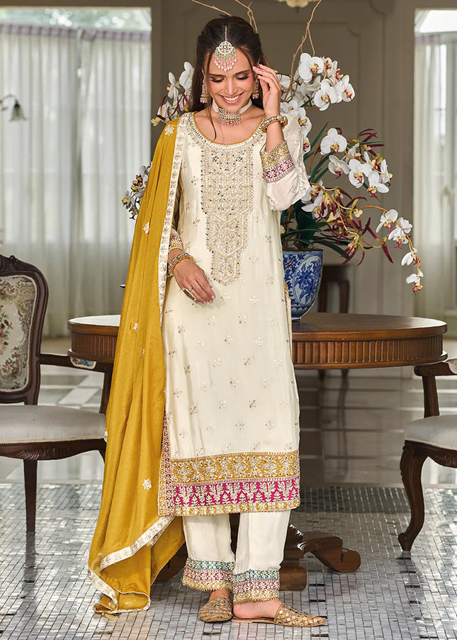 Offwhite and Yellow Multi Embroidered Pant Style Suit
