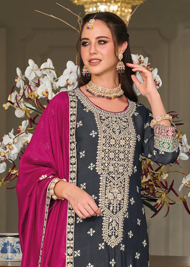 Dark Grey and Pink Multi Embroidered Pant Style Suit