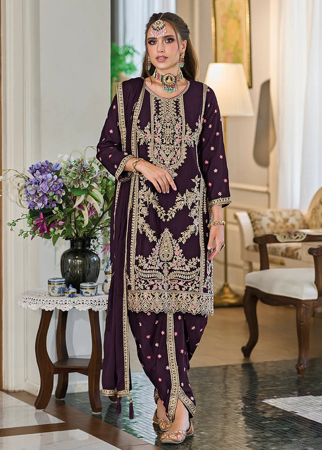Deep Purple Embroidered Dhoti Style Suit