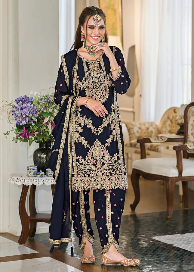 Deep Blue Embroidered Dhoti Style Suit