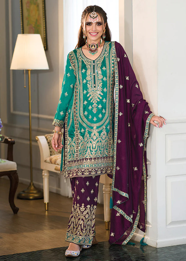 Turquoise and Wine Embroidered Pant Style Suit