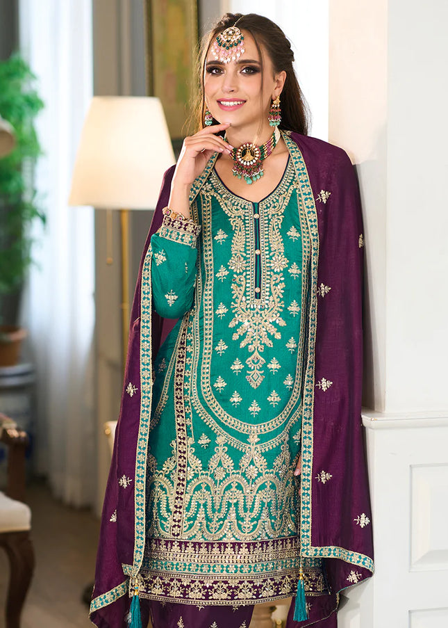 Turquoise and Wine Embroidered Pant Style Suit