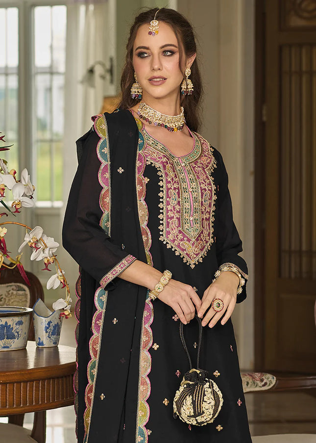 Black Multi Embroidered Palazzo Suit