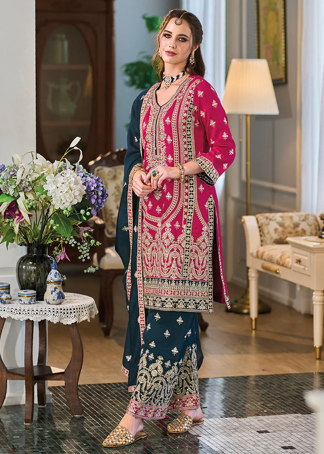 Pink and Blue Embroidered Pant Style Suit