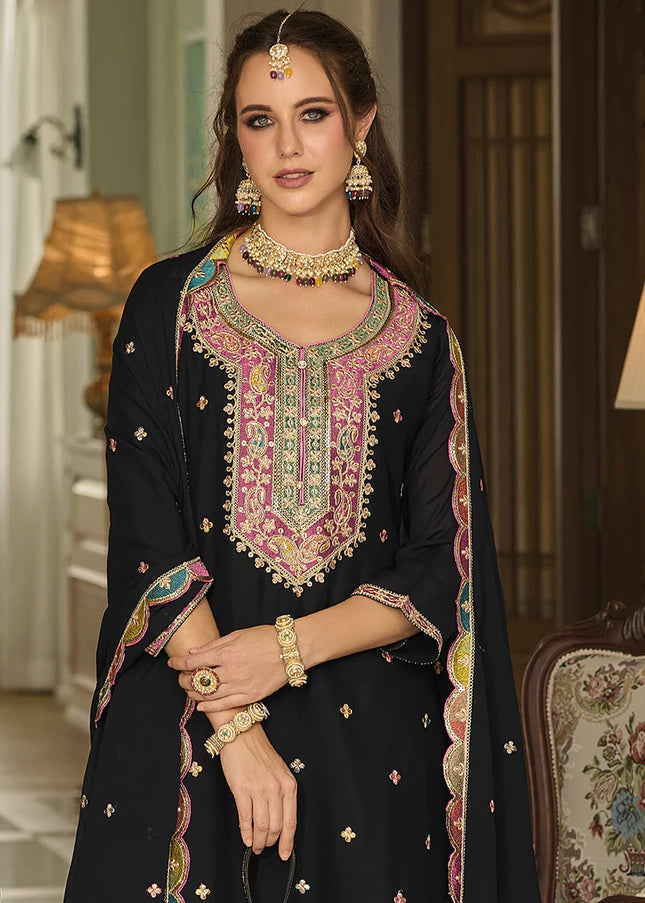 Black Multi Embroidered Palazzo Suit
