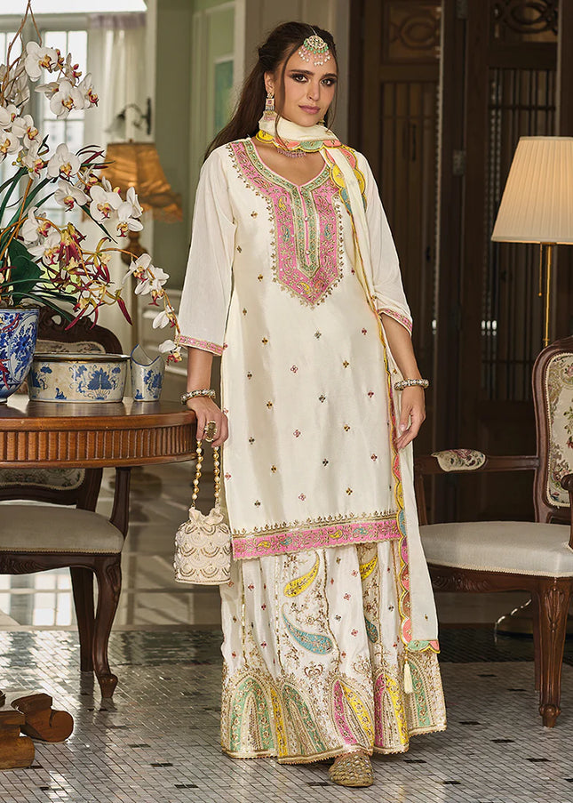 White Multi Embroidered Palazzo Suit