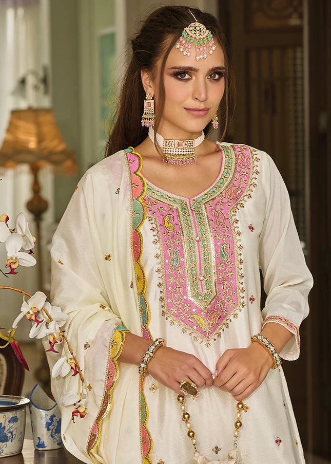 White Multi Embroidered Palazzo Suit