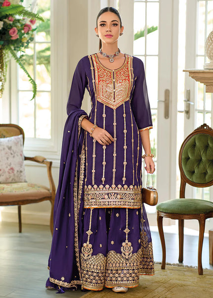 Purple Embroidered Sharara Suit